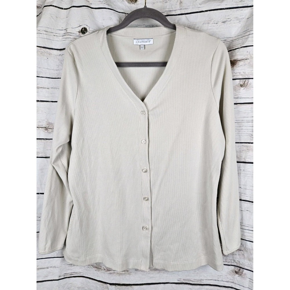 Anatomie Ribbed Knit Button Top L Pima Cotton Blend Long Sleeves Cream
